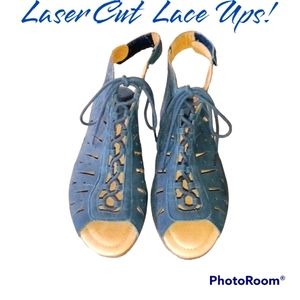 Earth laser cut, lace ups with Velcro closure in back to insure fit. Fantastic!